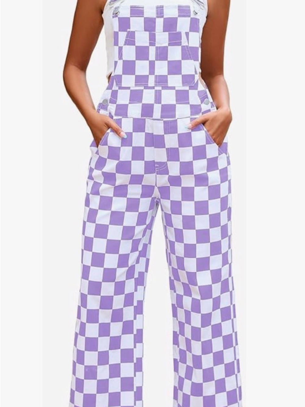Purple Checkered Wide-Leg Overalls Jumpsuit